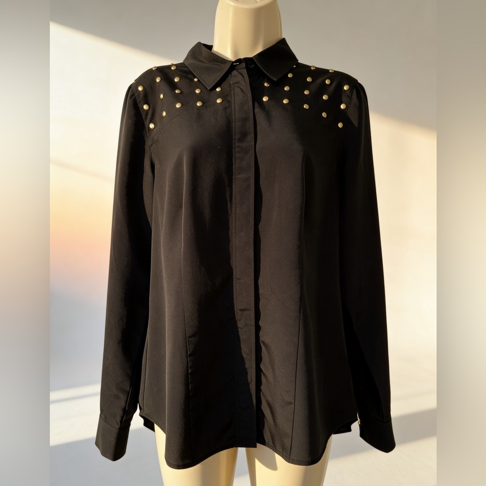 Michael Kors Black Gold Stud Blouse Button Front Shirt Medium